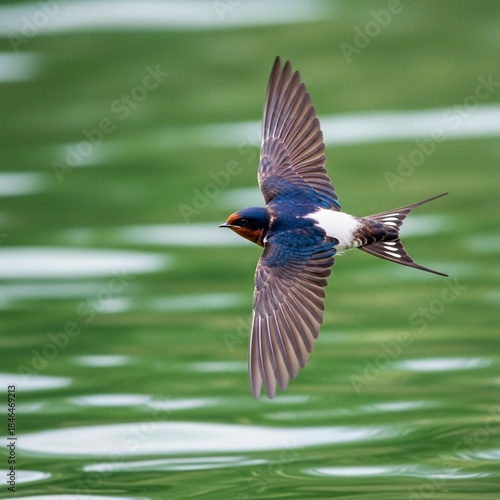 Swallow in Graceful Flight Over Blurred Water Background