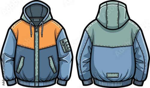 Hooded bomber jacket cad flat sketch vector minimalist apparel design isolated on transparent background, Vector