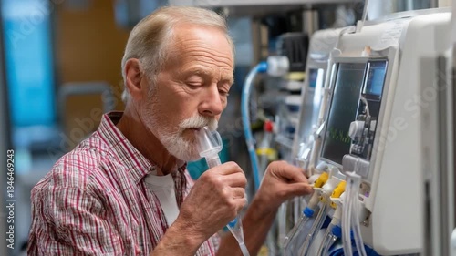 Patient and Device: An elderly man is seen using a medical device with tubes and a screen in a medical facility. The focus is on the patient and the technological interface.