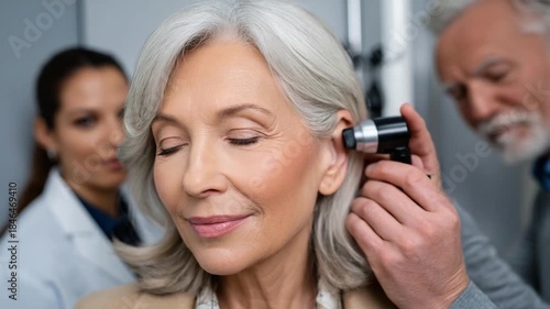 Hearing Checkup: A senior woman with closed eyes undergoes an ear examination by a healthcare professional, the focus is on health assessment and well-being.