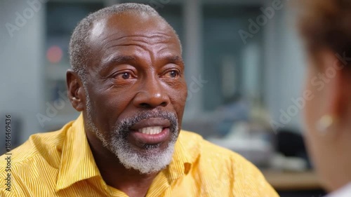 Open Conversation: An attentive older man engages in a dialogue, showcasing attentive listening and an open disposition, inviting empathy.