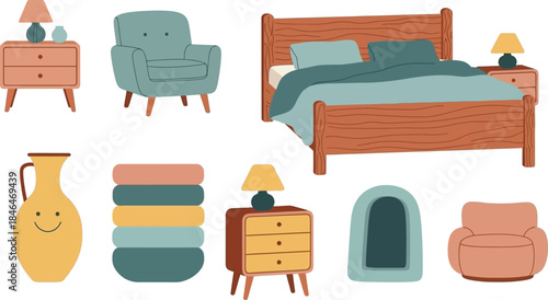Minimalist bedroom furniture home decor cad style vector set for interior design projects isolated on transparent background, Vector