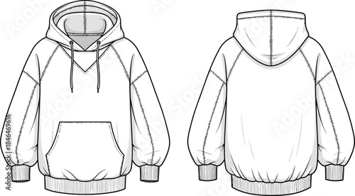 Minimalist oversized hoodie fashion cad flat sketch technical drawing isolated on transparent background, Vector