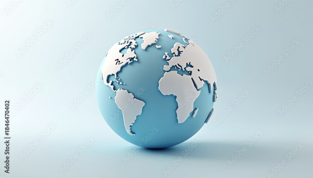 Fototapeta premium Clean simple 3D globe with white continents on blue background. Minimalist planet Earth model for geography education or global business concepts.