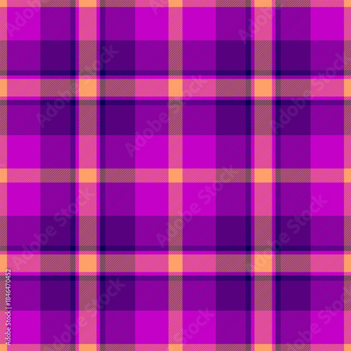 Vibrant plaid pattern in shades of purple, pink, and peach. Perfect for backgrounds, textiles, and designs needing a colorful, textured element. Modern and versatile.