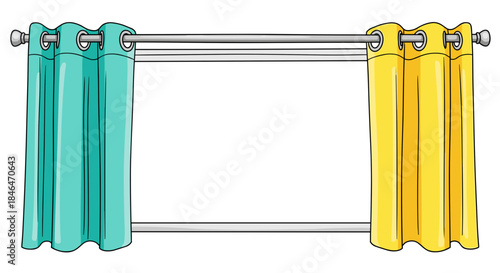 Illustration of colorful eyelet curtains in teal and yellow hanging on a rod, isolated against a white background, showcasing modern home decor style