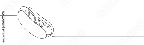 Continuous one line drawing of a hot dog. Vector illustration of fast food sausage in bun isolated on white background. Minimalist street food concept