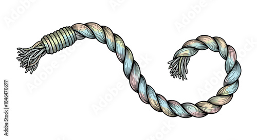 Colorful twisted cord with frayed end, artistically rendered and isolated on a clean white background