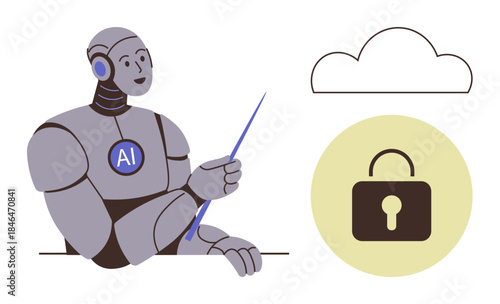 AI-powered robot presenting cloud computing security with a lock icon and a pointer. Ideal for technology, AI, innovation, cybersecurity, data protection, cloud storage, simple flat metaphor
