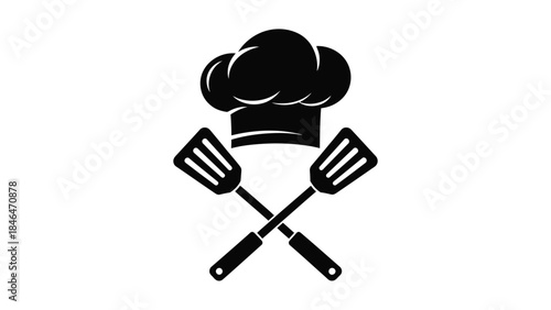 A simple black and white illustration of a chef s hat and two spatulas