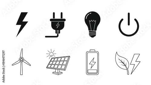 Illustrations of various energy sources and electrical symbols in black and white