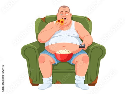 Slouching in a worn green armchair, a heavy-set man in a white undershirt munches on pepperoni pizza while clutching a remote control, with a red bowl of popcorn balanced securely on his knees