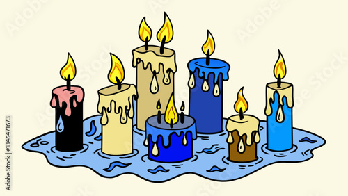 Colorful candles with dripping wax isolated on transparent background