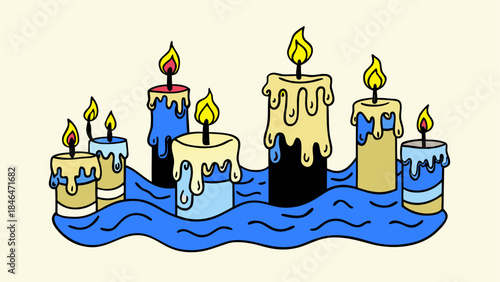 Illustrated candles floating on water, isolated on transparent background