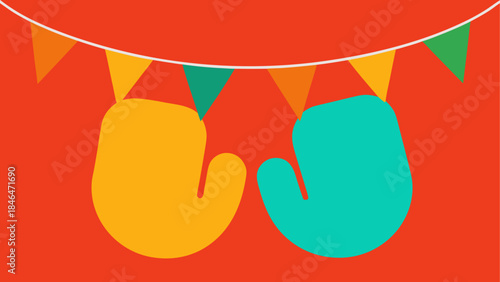 Colorful mittens hanging with pennants isolated on transparent background