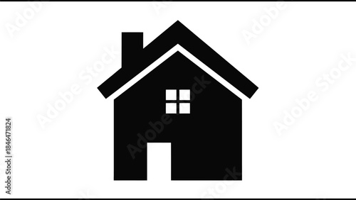 Simple black and white illustration of a classic house shape with a chimney