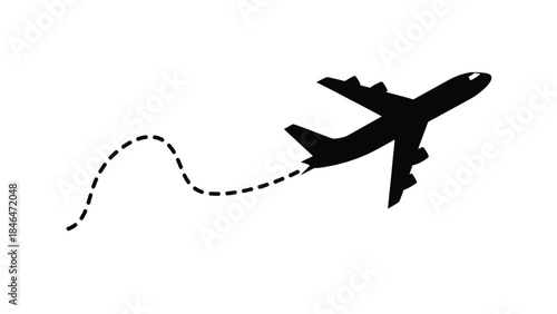 A black silhouette of an airplane following a dotted line path