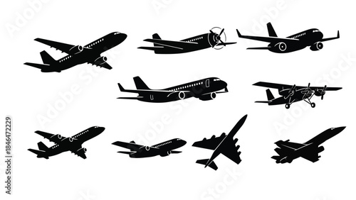 Collection of diverse airplane silhouettes in a black and white composition