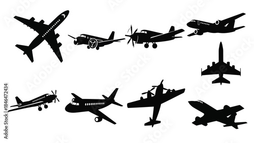 Collection of silhouetted airplanes various models and aviation designs depicted
