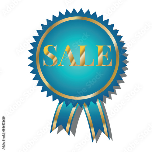 Bright blue Sale coupon.  Coupon sticker with the text Sale. Patterned pattern with ribbons and gilding on a transparent background.