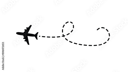 An airplane following a dashed path representing flight and travel