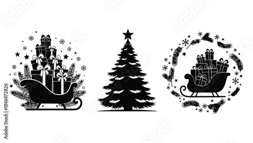 Festive Christmas icons with sleighs and tree