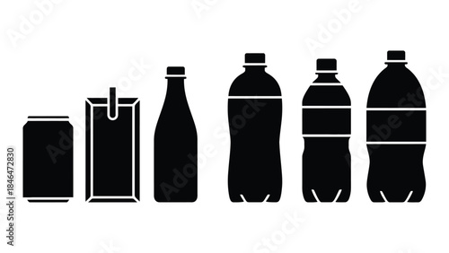 Black silhouettes of various drink bottles and cans