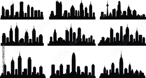 Global city skyline silhouettes, nine vector skylines, iconic urban silhouettes, minimalist black skyline collection, skyline silhouettes set for design projects