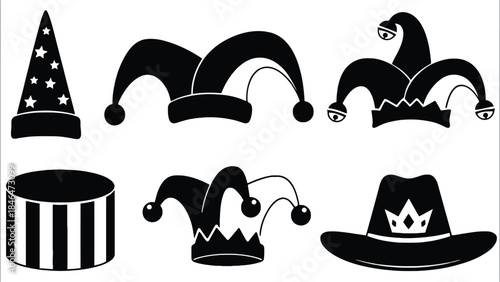 Collection of six different jester and hat silhouettes