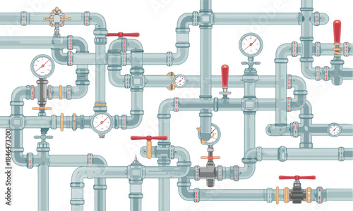 Industrial piping system illustration with valves gauges pipes for engineering plumbing industrial process infrastructure design