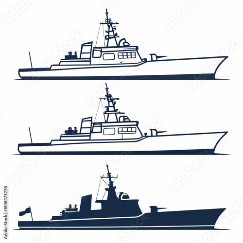 Of three naval vessels in navy blue ships boats white background