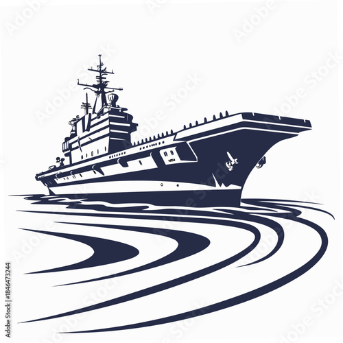 Large navy aircraft carrier ship sailing on water warship