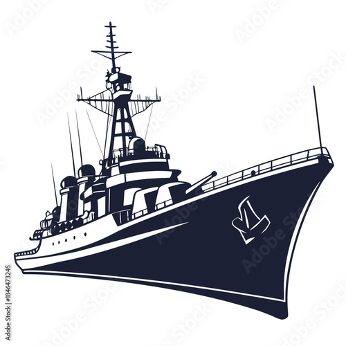 Dark blue battleship with white details and clear mast radar