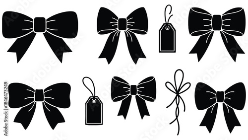 Black bow tie and gift tag icons for decoration