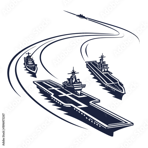 Navy fleet forming curved line with aircraft ships