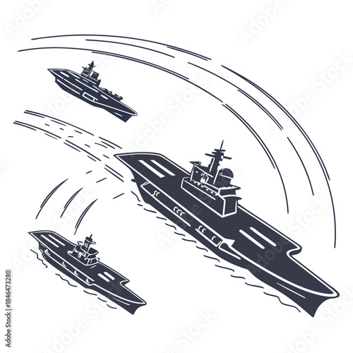 Navy fleet forming curved line with faint water ships