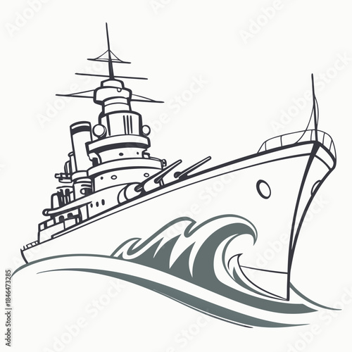 Battleship with wave pattern on white background warship