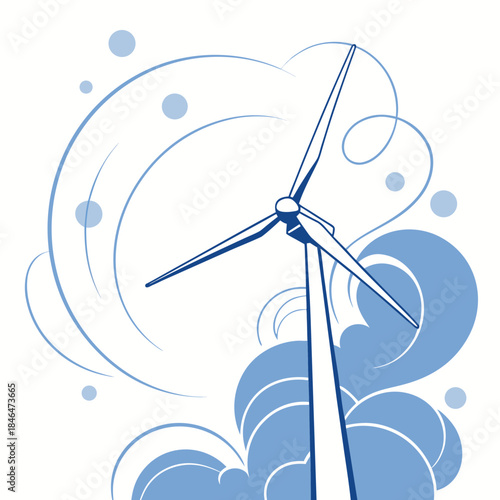 Wind turbine overlapping with soft transparent blue clouds and swirling lines