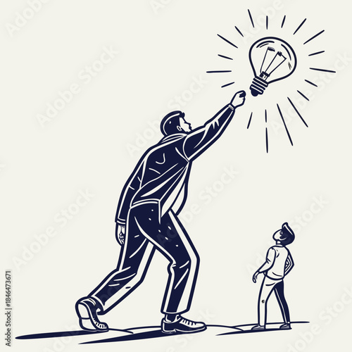 Giant man lifting glowing lightbulb above small person
