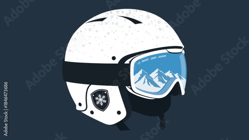 Ski helmet and goggles with mountain reflection winter sport gear illustration isolated on dark back