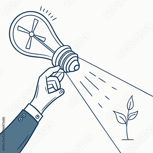 Hand holding light bulb with turbine and plant growing