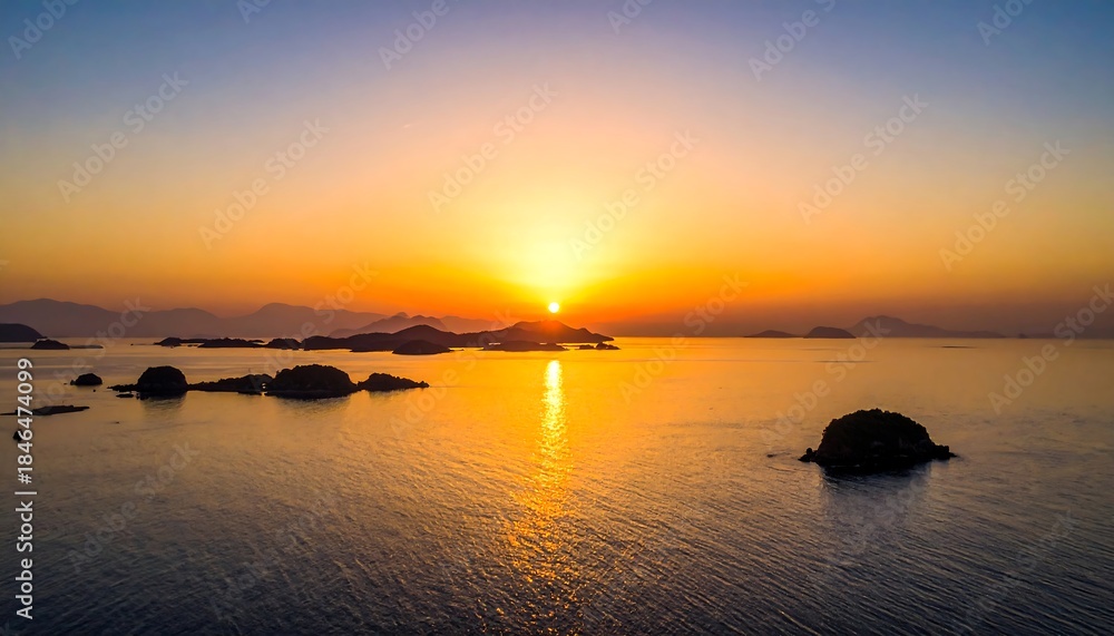 Fototapeta premium Aerial view captures a serene sunset over an archipelago. Vibrant orange hues paint the sky and reflect on the calm ocean. Several islands dot the horizon