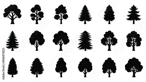 Collection of diverse black silhouette trees in various shapes and sizes