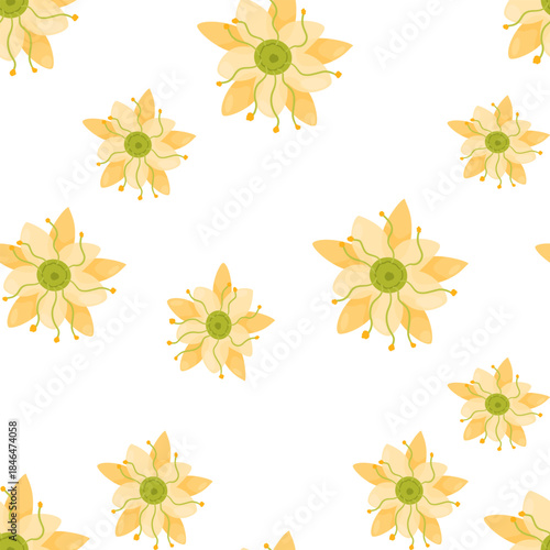Seamless pattern featuring soft yellow linden flowers on a white background. The botanical design adds a light and refreshing touch, perfect for natural product packaging.