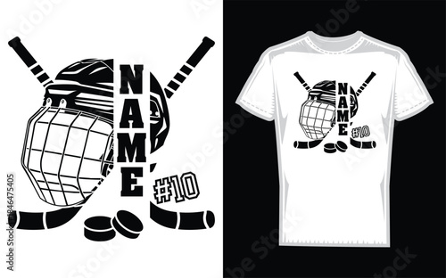 Hockey tshirt design with helmet, sticks, puck, and customizable name number