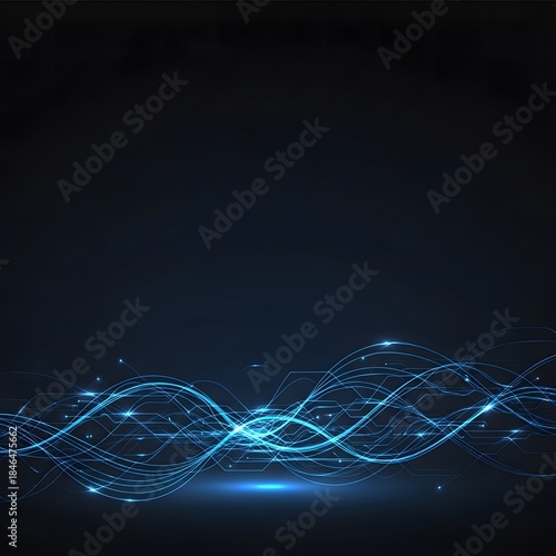 Mesmerizing abstract data streams in vibrant blue, forming graceful waves on a dark background, representing interconnected networks and future tech