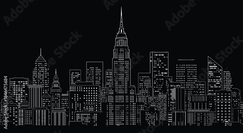High-contrast black and white city skyline vector, night urban skyline illustration, stylized metropolis silhouette with lit windows, central spire skyscraper landmark