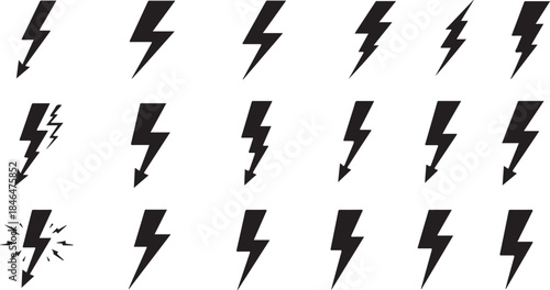 Lightning bolt icon with blitz lightnings strike sign, flash symbol and thunderbolt. Power concept, electric energy black silhouettes. Vector isolated dynamic sports logo set.eps