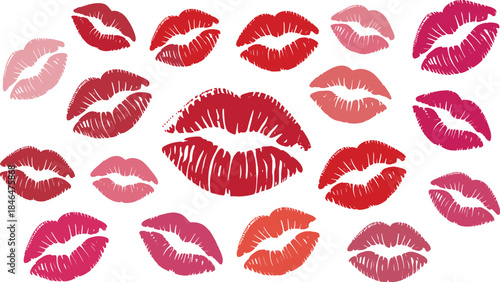 Colorful lipstick kiss lips illustration set, romantic beauty makeup prints for fashion design branding projects