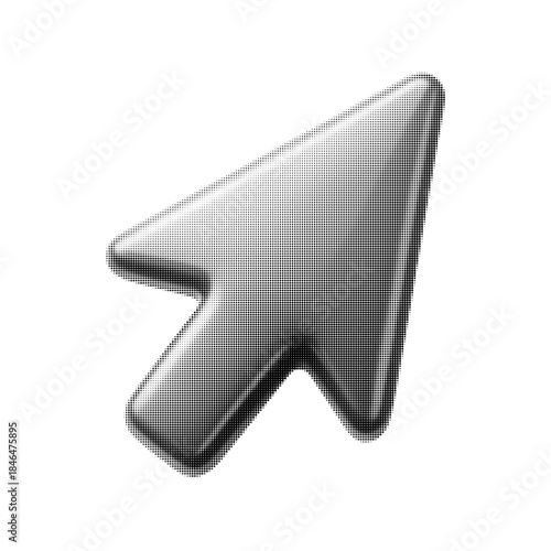 Halftone arrow cursor pointer icon for web and app interface, abstract navigation symbol in black dot raster style on white background.
